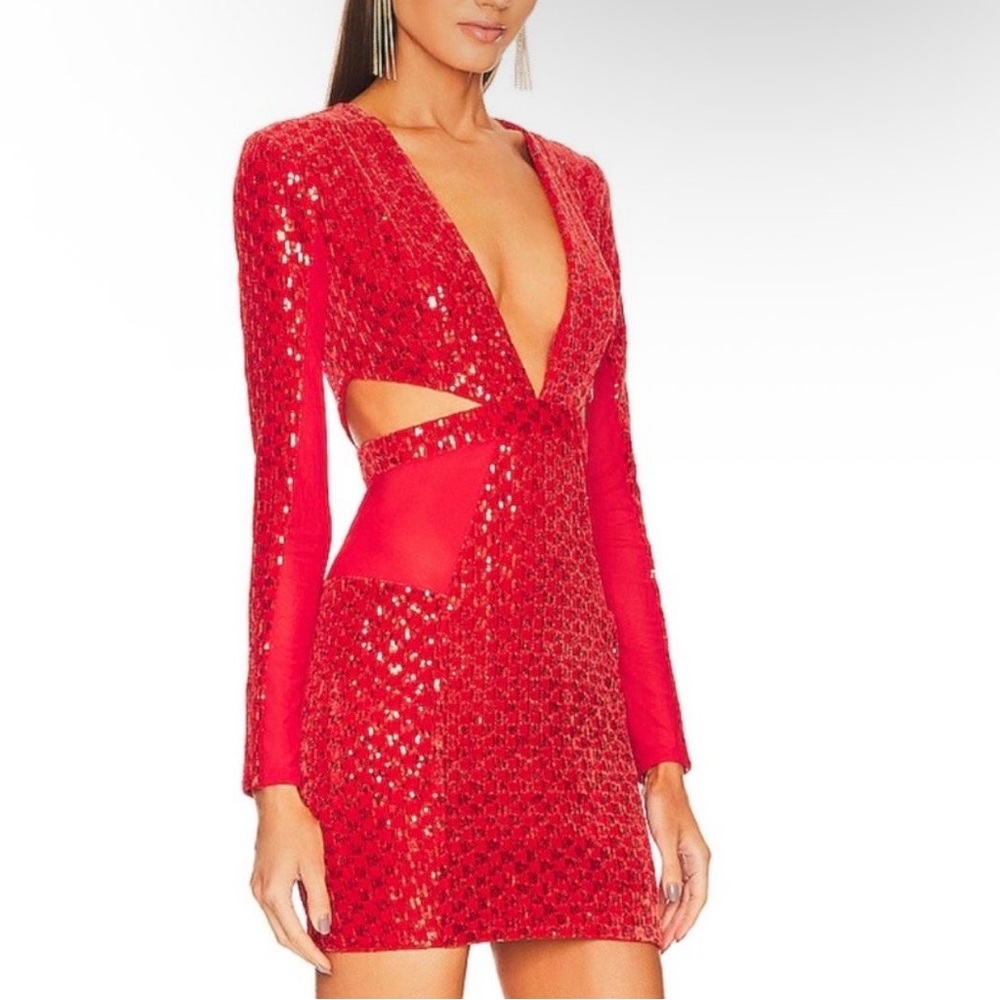 Michael Costello Velvet Sequin Elise Cut Out Mini Dress in Bright Red size S